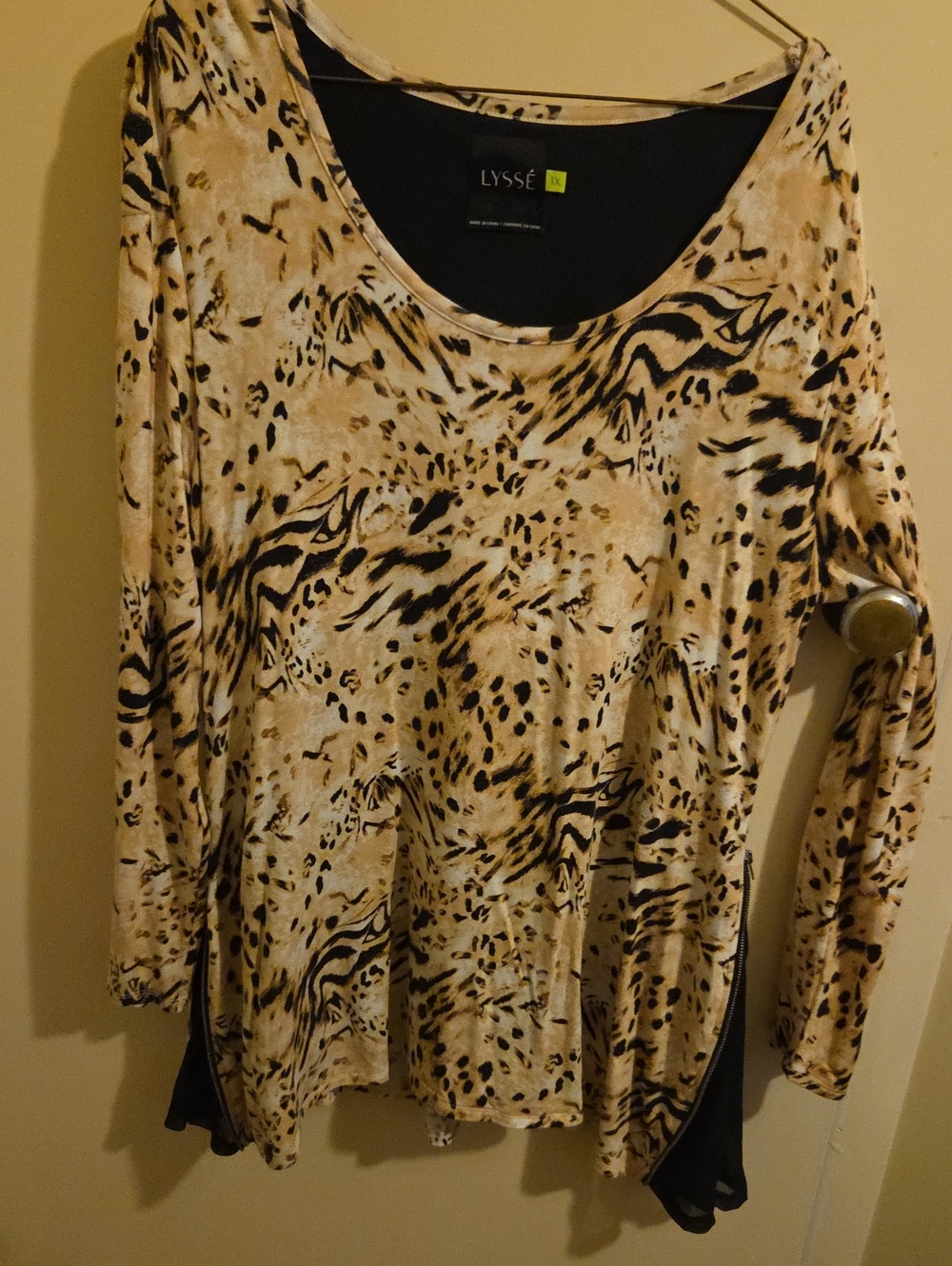 Lysse Beige and Black Animal Print Long Sleeve Scoop Neck Top